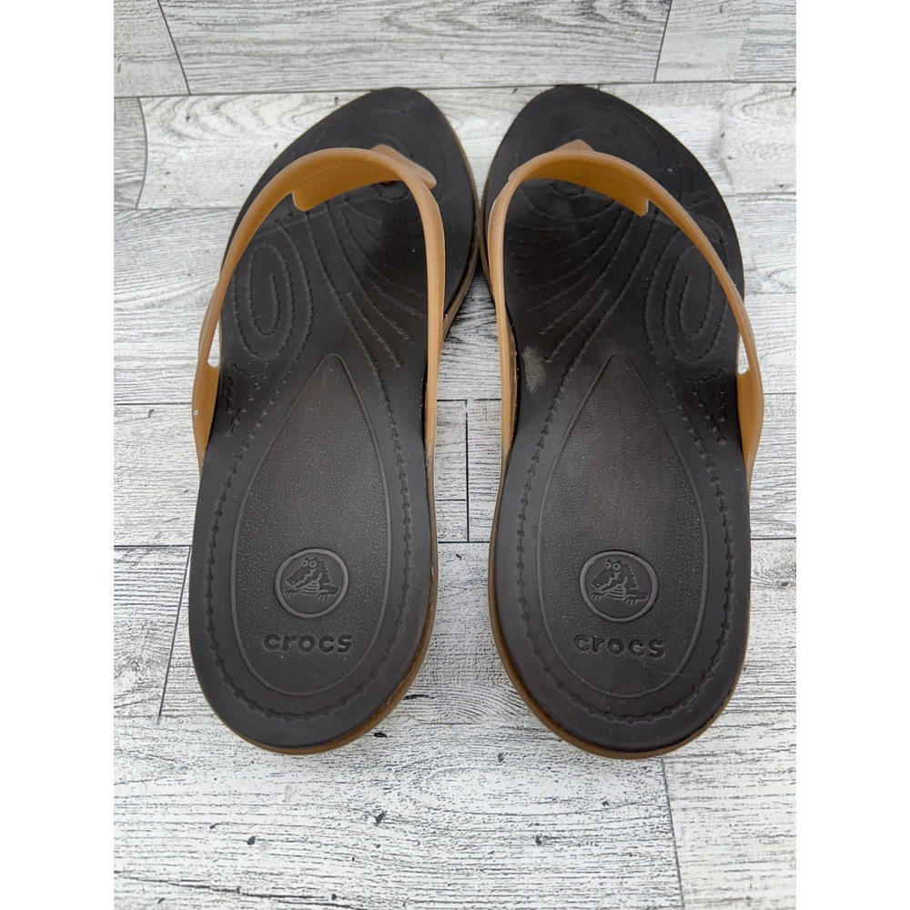 Crocs Really Sexi Flip Flop Wedge Sandals Women Sz 9 Espresso Tan Brown T-Strap‎ - Picture 6 of 11